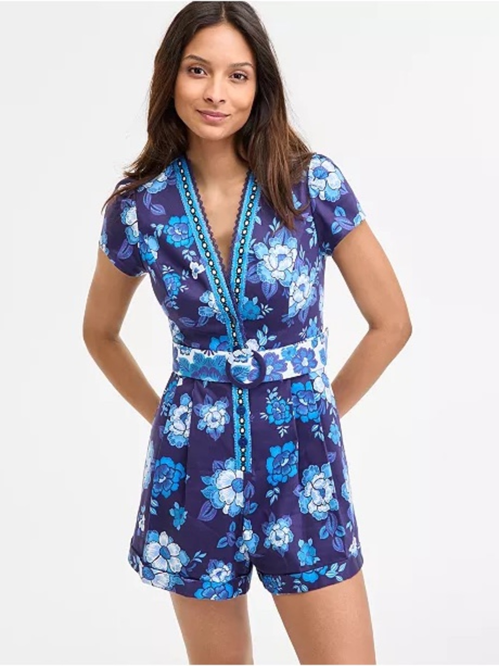Adrianna Papell Blue Floral Short-Sleeve V-Neck Romper NWOT